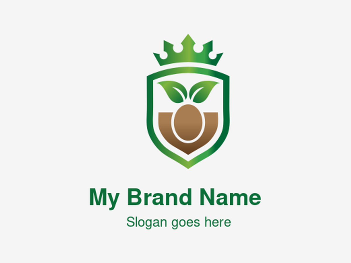 Elegant Green Crown and Shield with Plant and Soil Logo Design for Sustainable Organic Farming and Eco-Friendly Agriculture Businesses